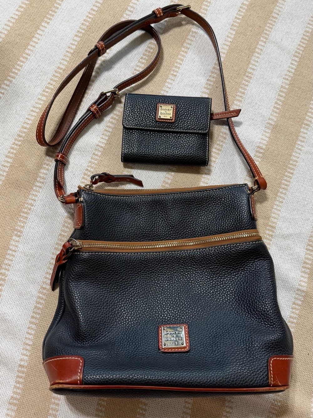 Dooney & Bourke Black Pebble Crossbody Bag with Brown Trim and Wallet